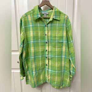 Real Comfort Green Plaid Linen Button-Up Shirt sz PL Spring Vacation